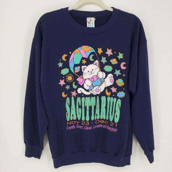 Vintage Tops - Vintage Sagittarius Zodiac Sweatshirt M Parachute Cat Graphic Stars Navy Teal